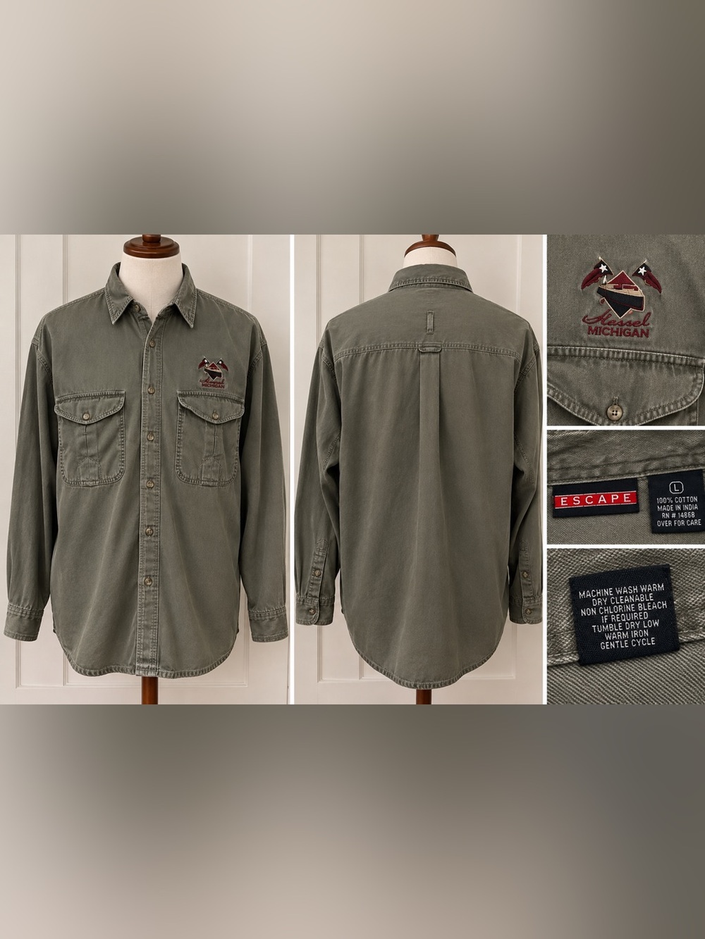 Vintage 90s ESCAPE Hessel Michigan Olive Green Nautical Shirt Men's L